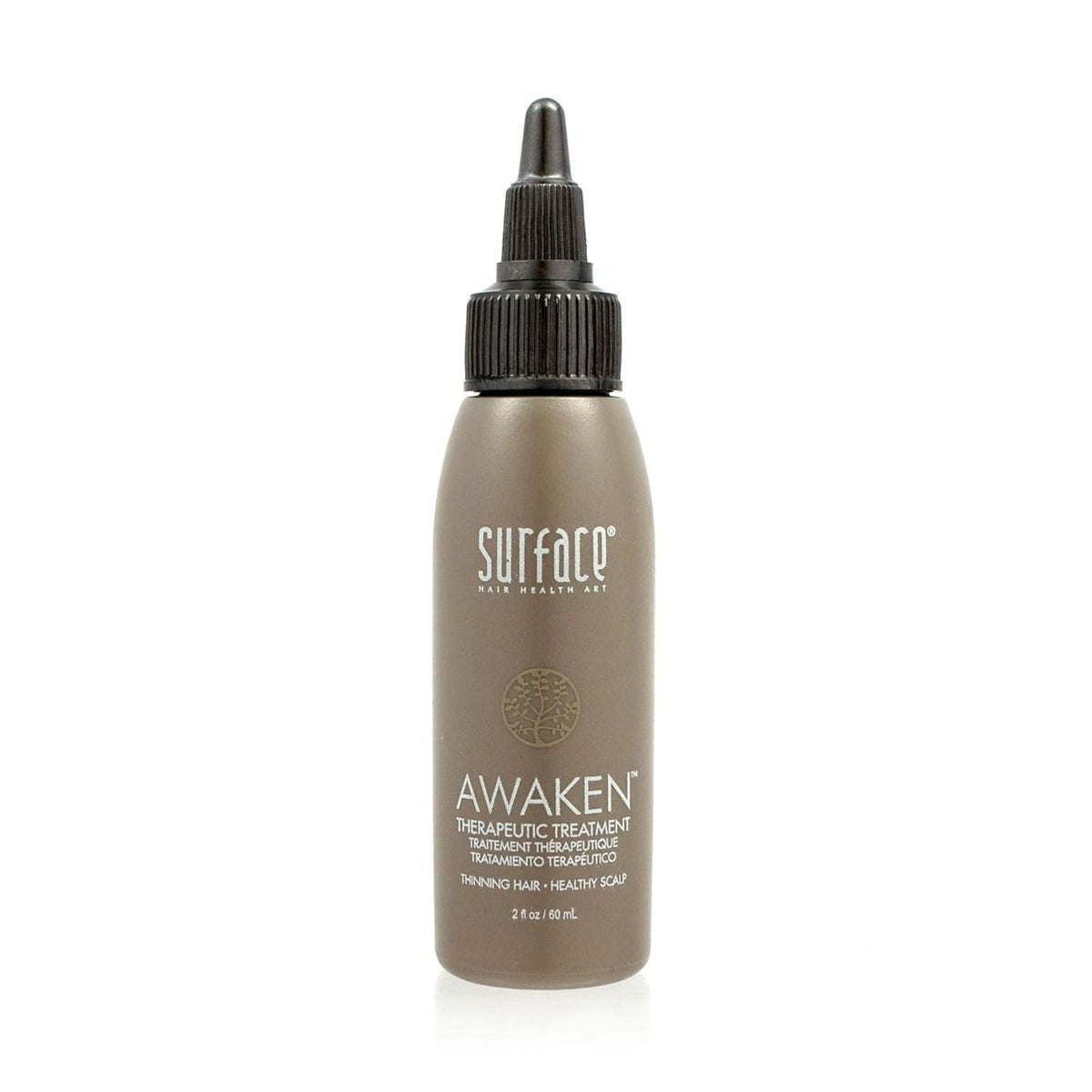 SURFACE Awaken bottle front view showing compact 2 fl oz and benefits