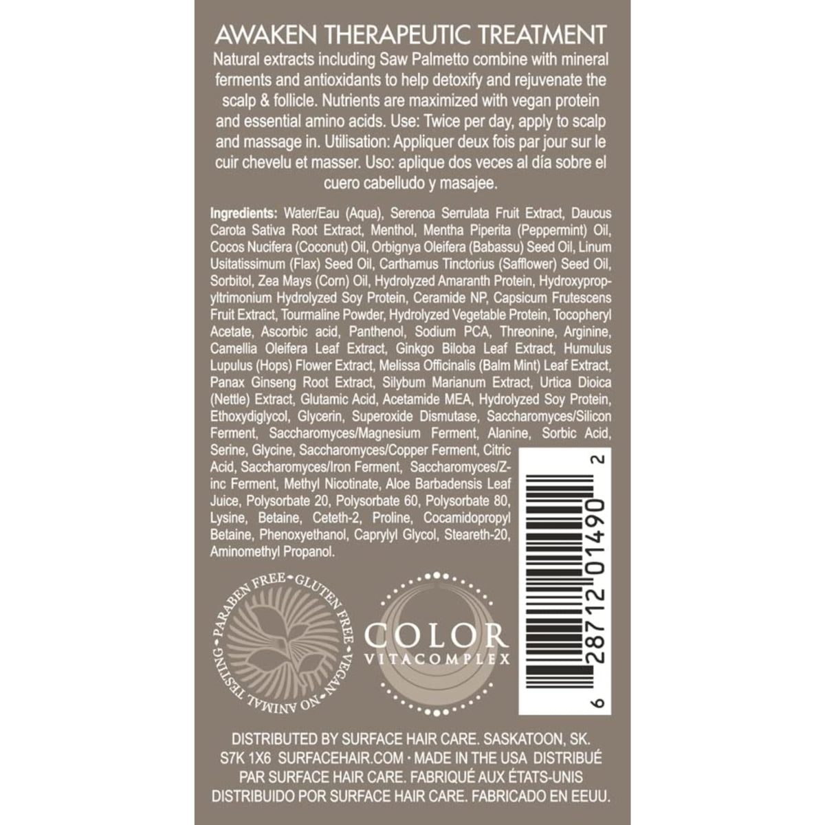 SURFACE label close-up highlighting botanical and mineral ingredients