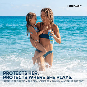 Surface Sunscreen being sprayed on shoulder for fast even coverage during activity