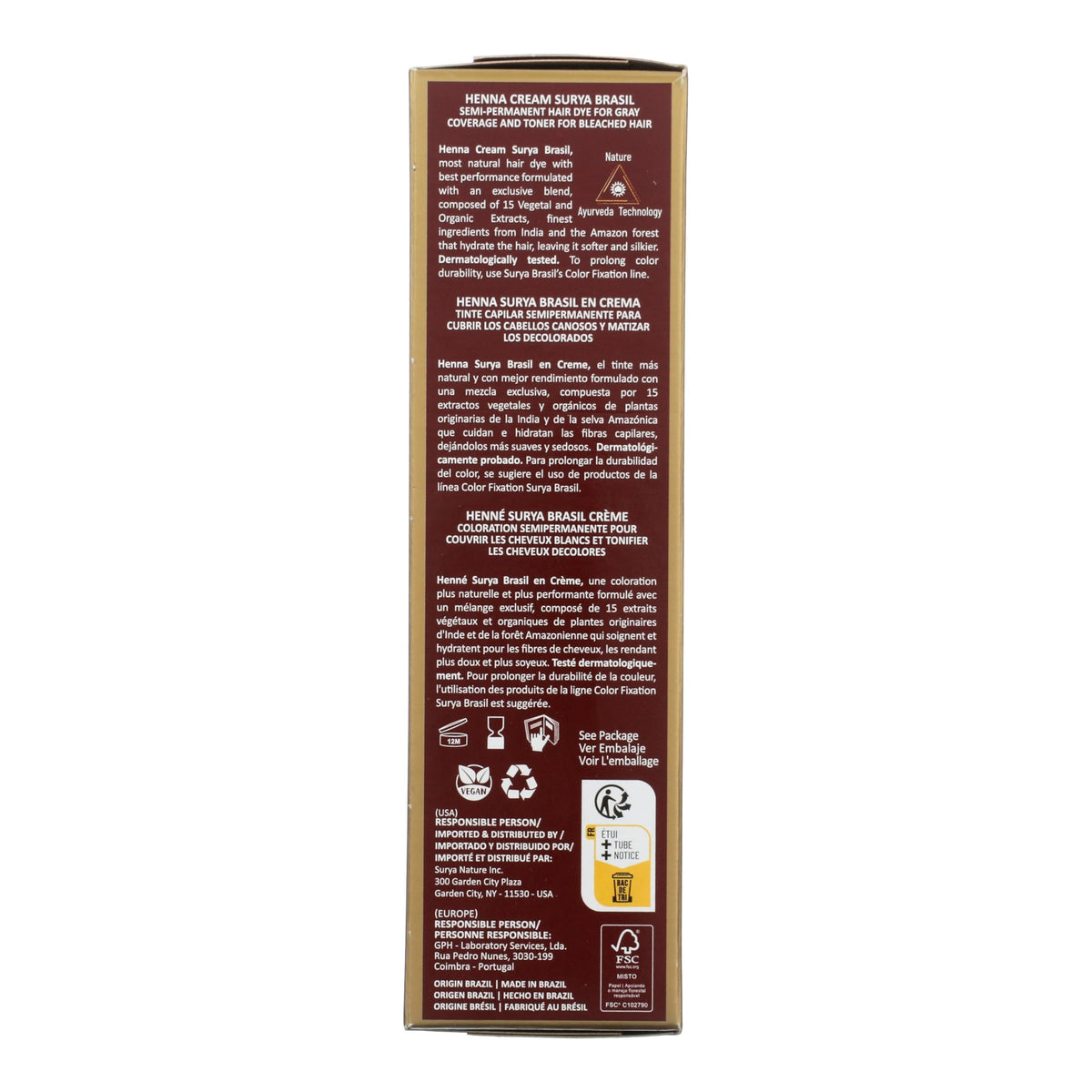 Surya Brasil ingredient label close-up showing natural, vegan highlights