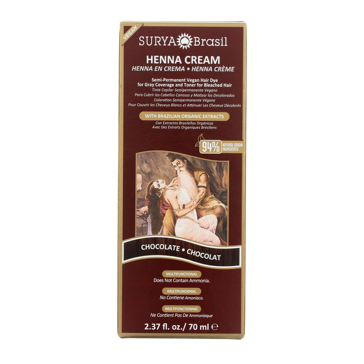 Surya Brasil front packaging showing chocolate shade and natural ingredients benefits