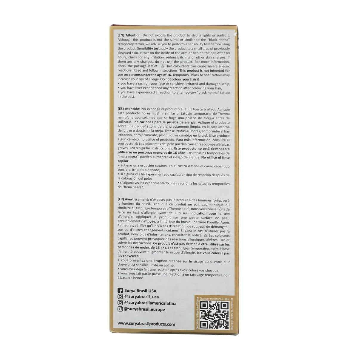 Surya Brasil ingredient label close-up highlighting henna and botanical benefits
