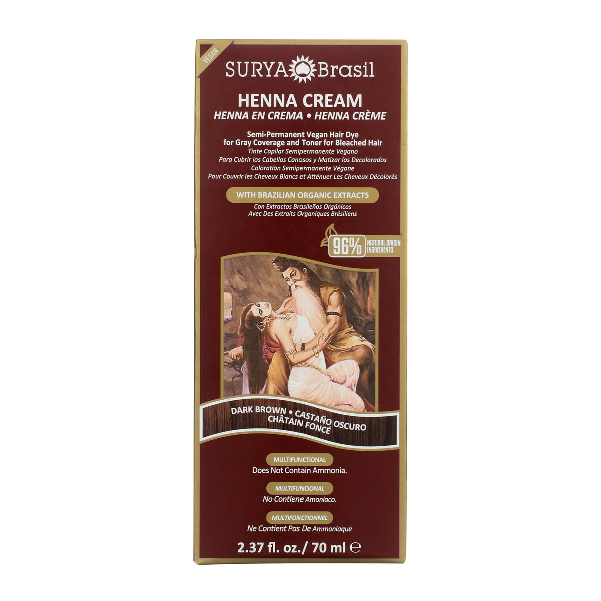 Surya Brasil front packaging showing dark brown tube and natural claims