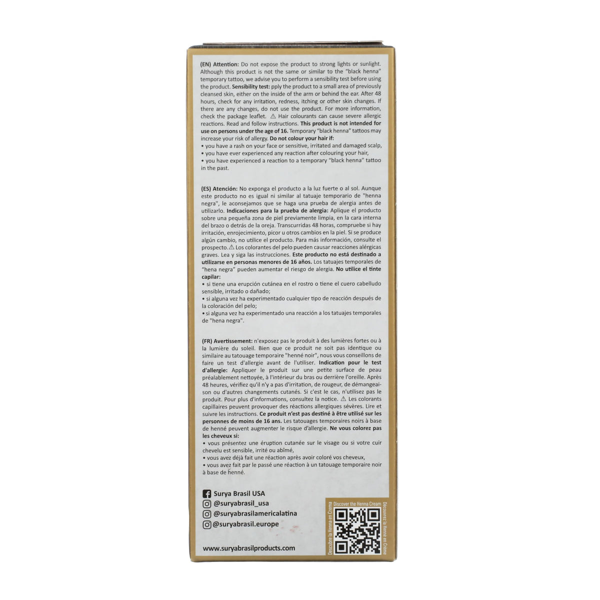 Surya Brasil ingredient label highlighting botanical formulation