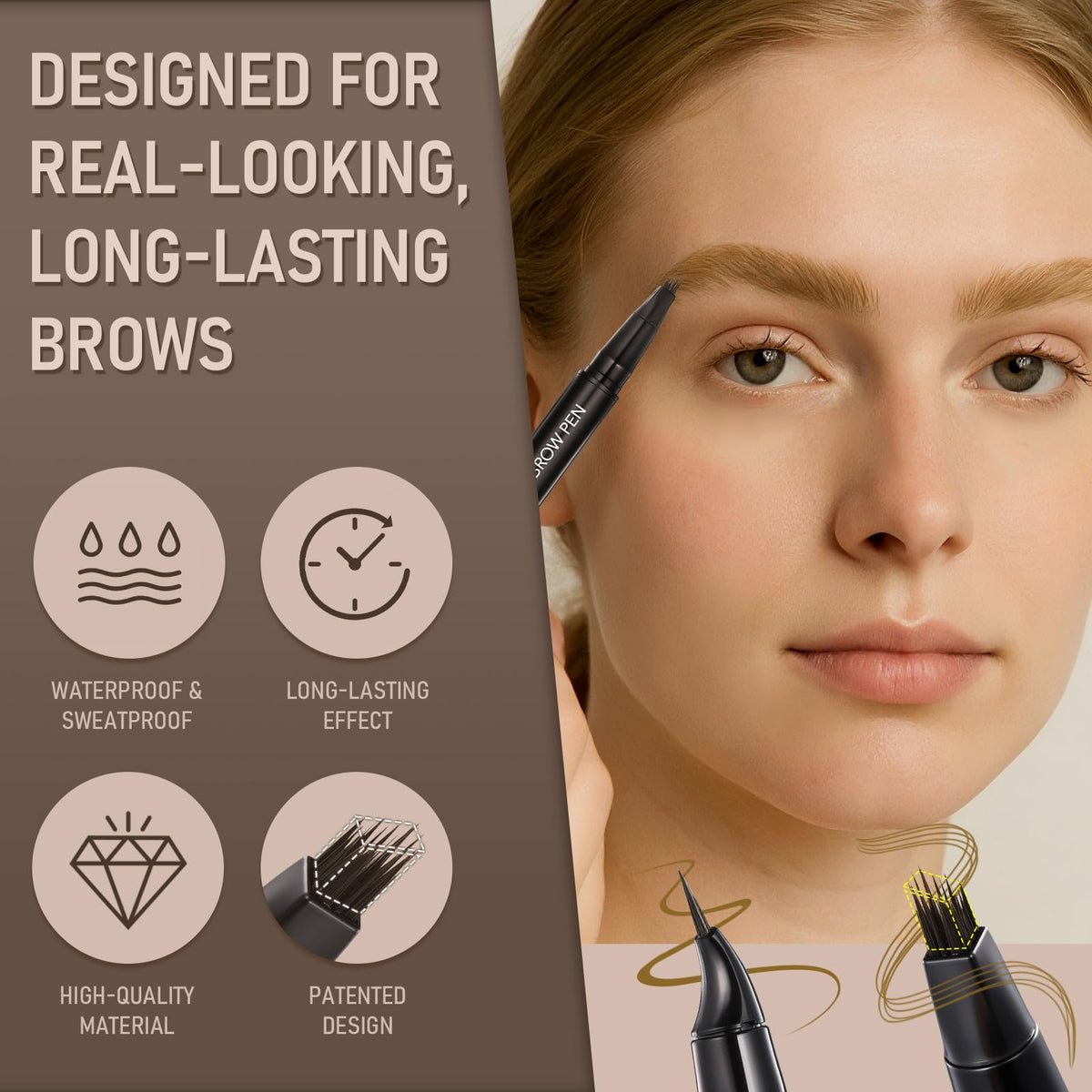SUSIKEKI close-up of 4D Brow-Fection brush creating hair-like strokes for natural volume