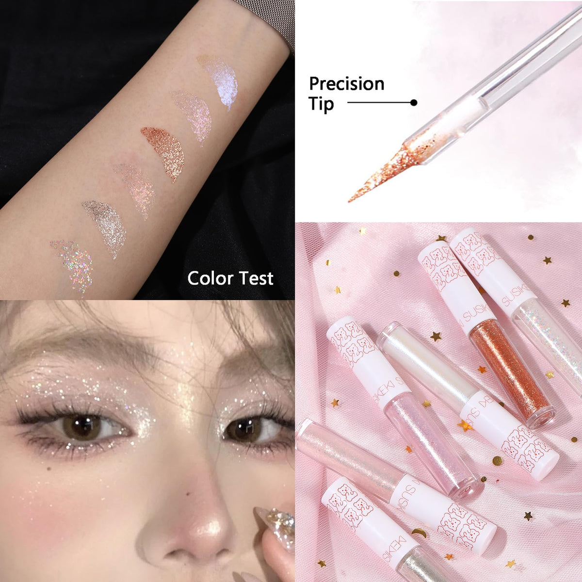 SUSIKEKI swatches close-up on arm showing true pigment and sparkle control