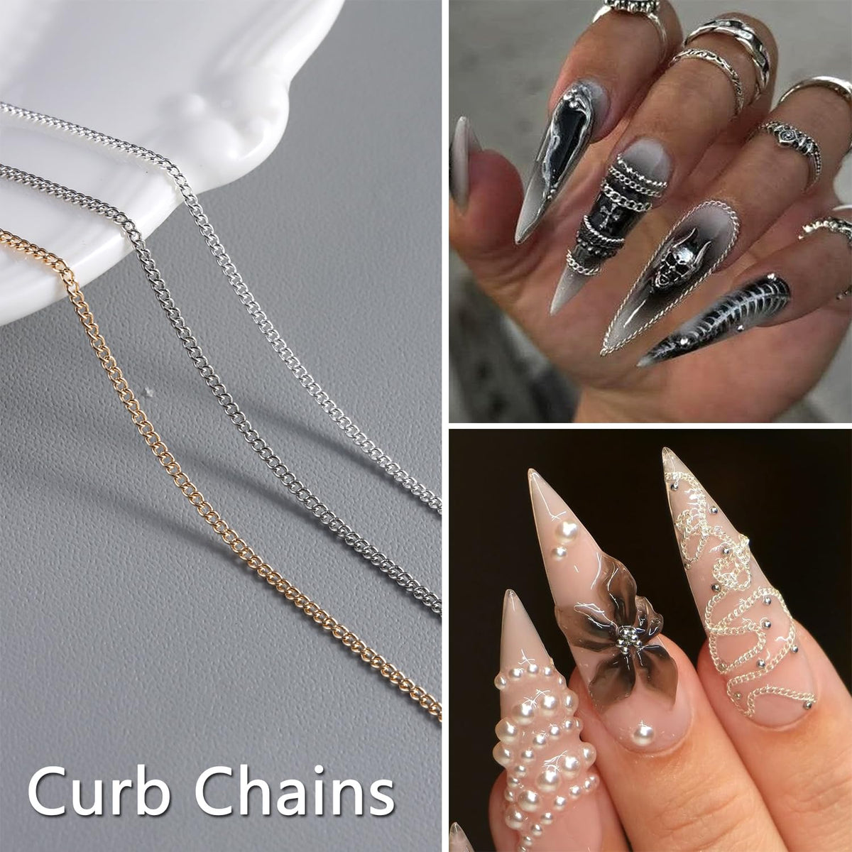 SUTOKAKA chains displayed on acrylic nail tip showing application options