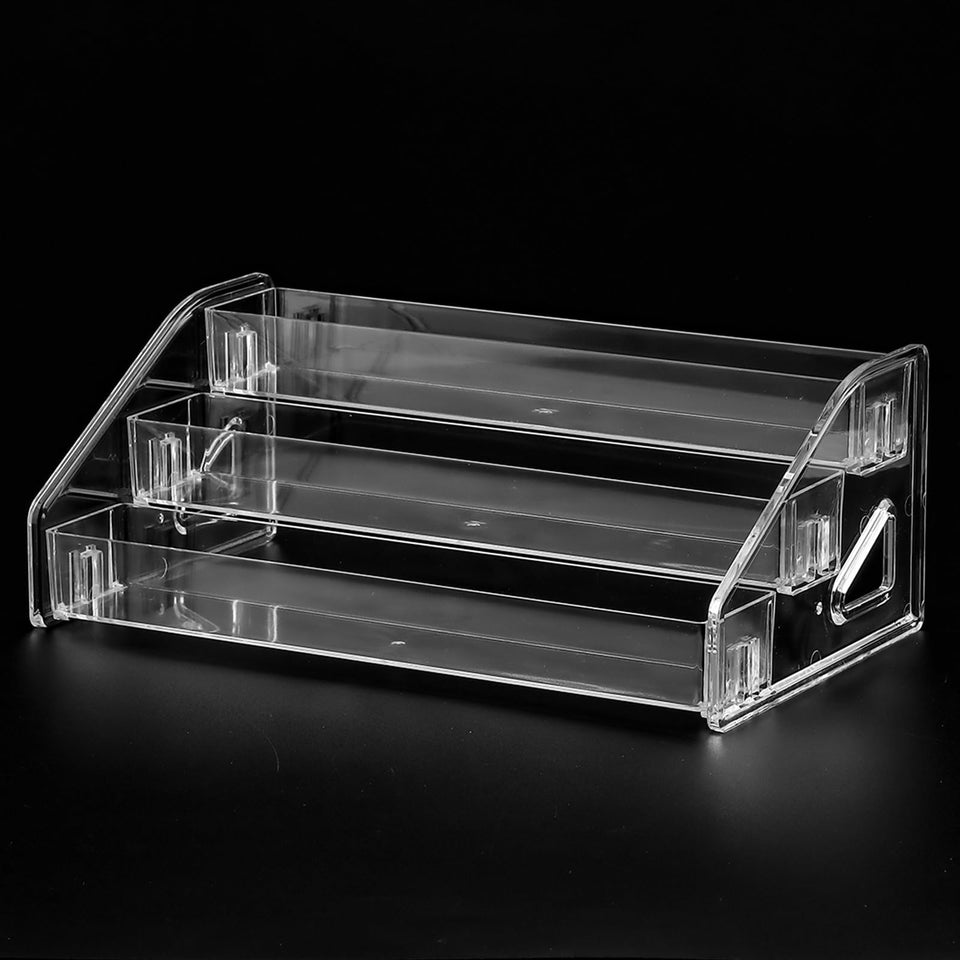 SUTOKAKA front view clear 3-tier organizer showing neat bottle display and quick selection