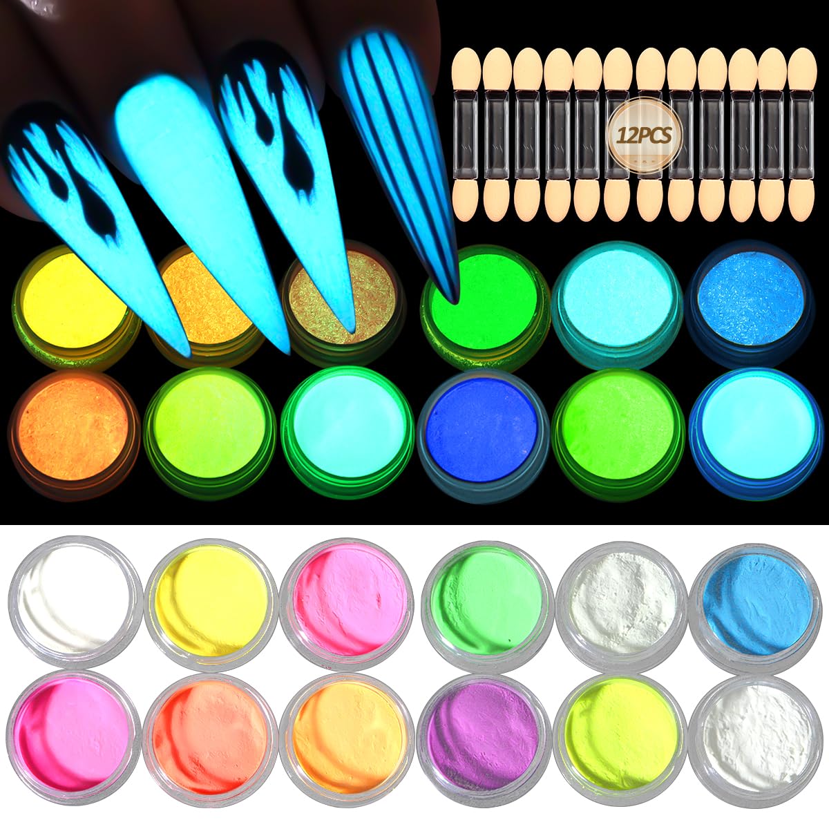 SUTOZMIWE front packaging showing 12 glow powder jars and sponge sticks, professional kit benefit