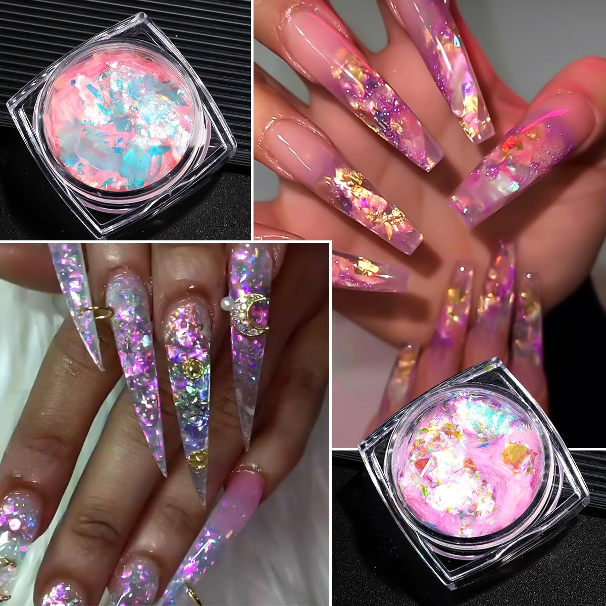 SUTOZMIWE nail swatch set displaying six iridescent colors, demonstrates finish options