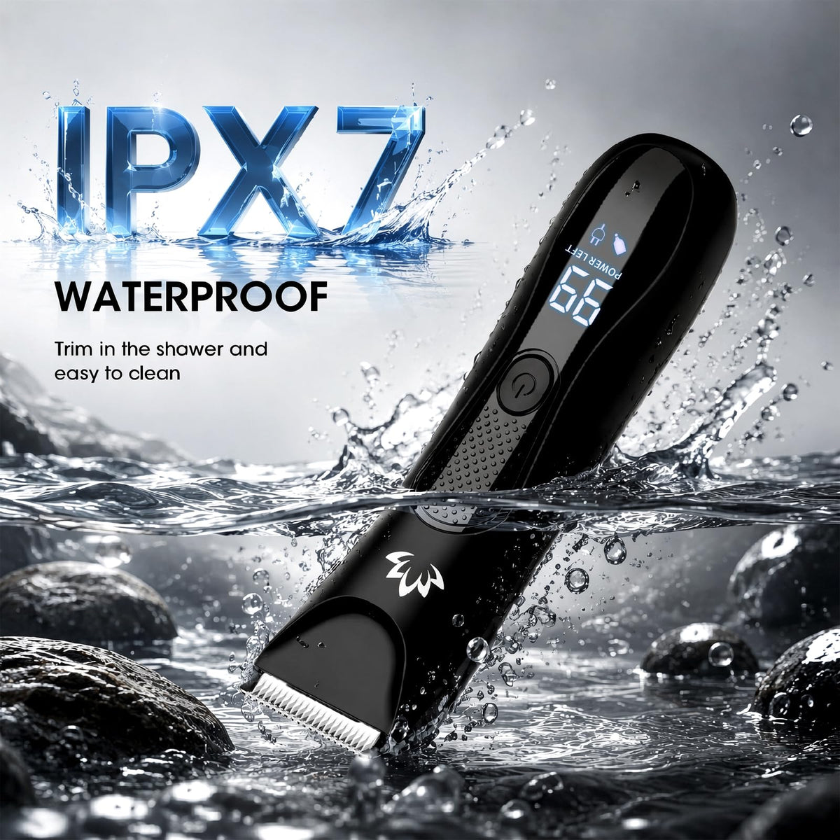 Suttik trimmer under running water demonstrating IPX7 waterproof cleaning benefit