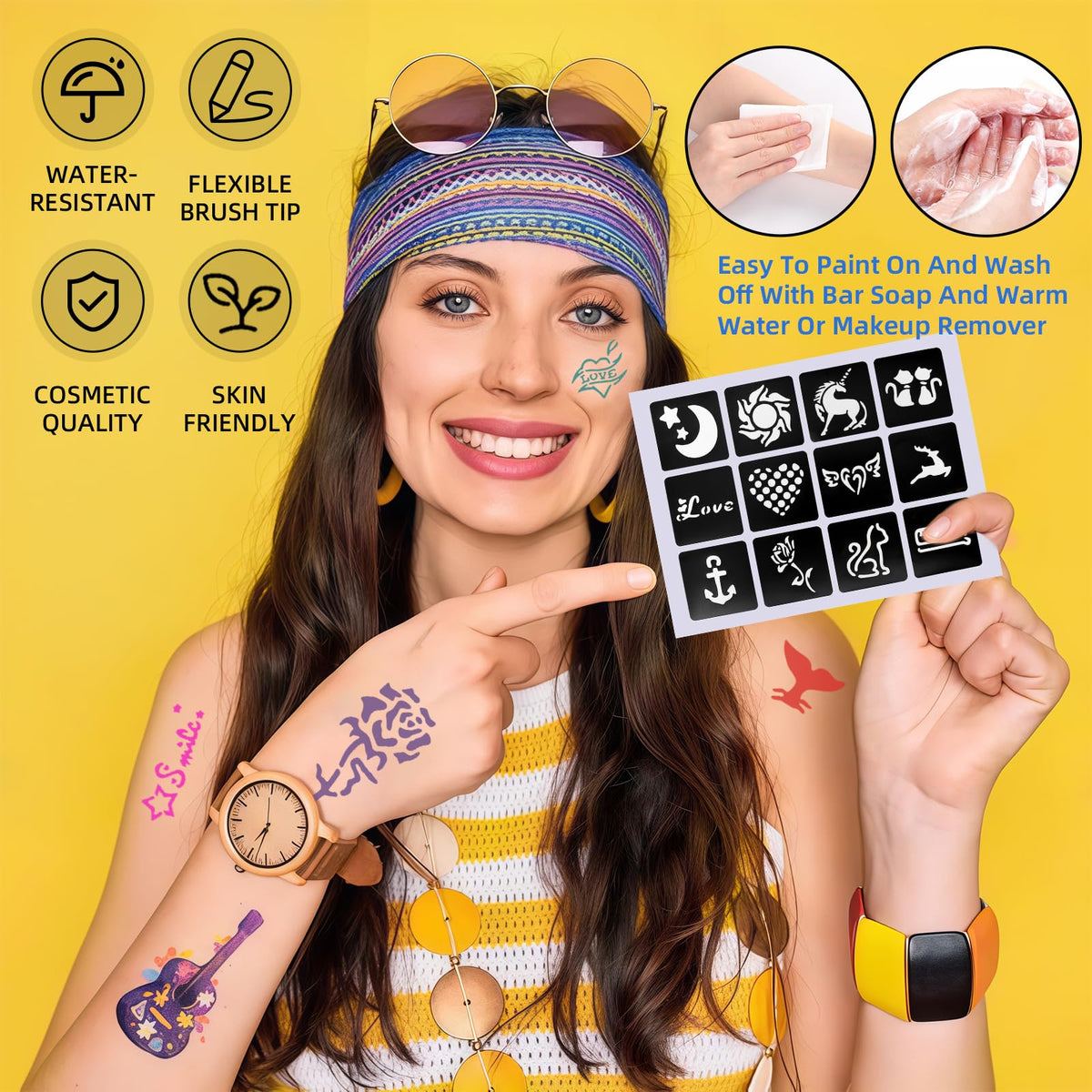 Suu66 applying temporary tattoo on arm for easy party entertainment