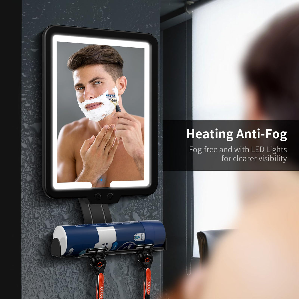 Suupvaor lifestyle shot of man shaving in shower showcasing time-saving fogless grooming