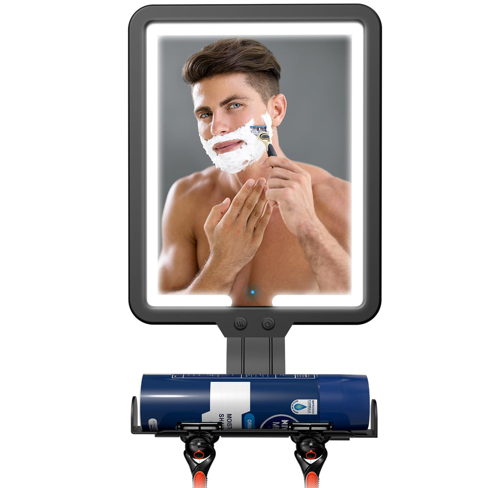 Suupvaor front view of lighted shower mirror showing clear reflection and organized tray benefit