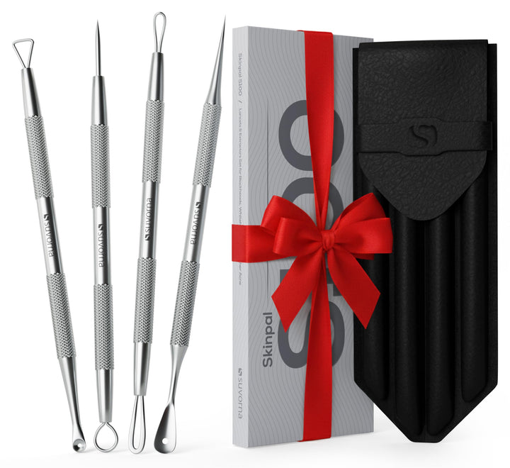 Suvorna kit front view showing pouch and four stainless steel tools for clean storage