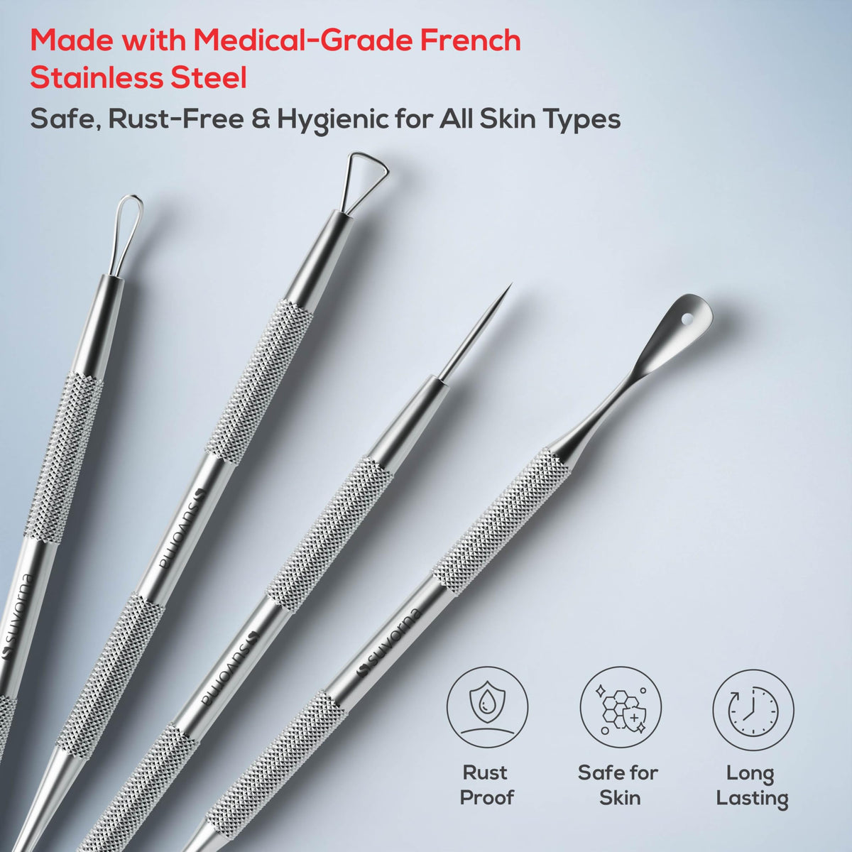 Suvorna stainless steel tools arranged flatlay demonstrating professional-grade set benefits