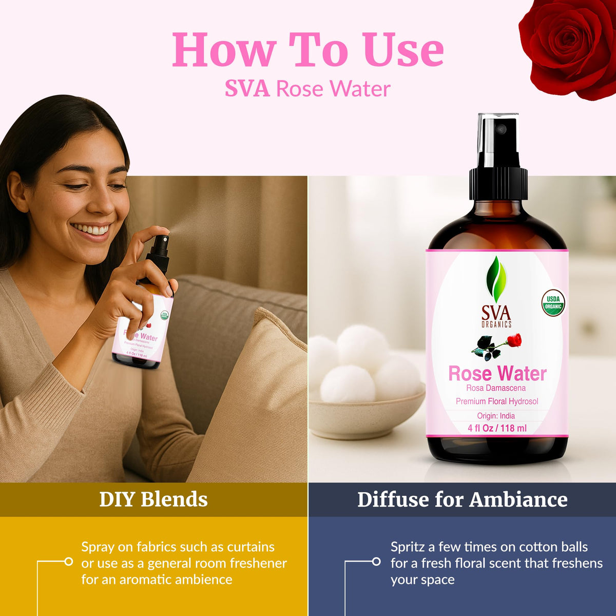 SVA ORGANICS added to bath with salts creating relaxing floral bath experience benefit