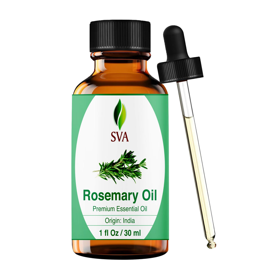 SVA ORGANICS bottle front view showing rosemary oil and dropper for precise use