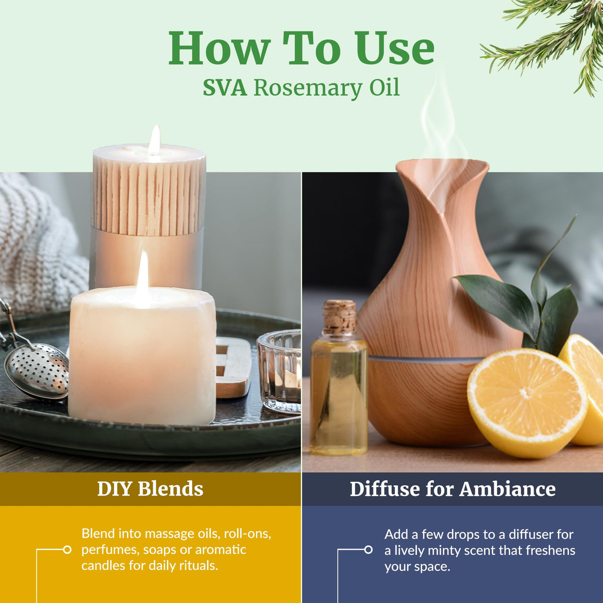 SVA ORGANICS rosemary oil in diffuser creating a fresh aromatic ambiance