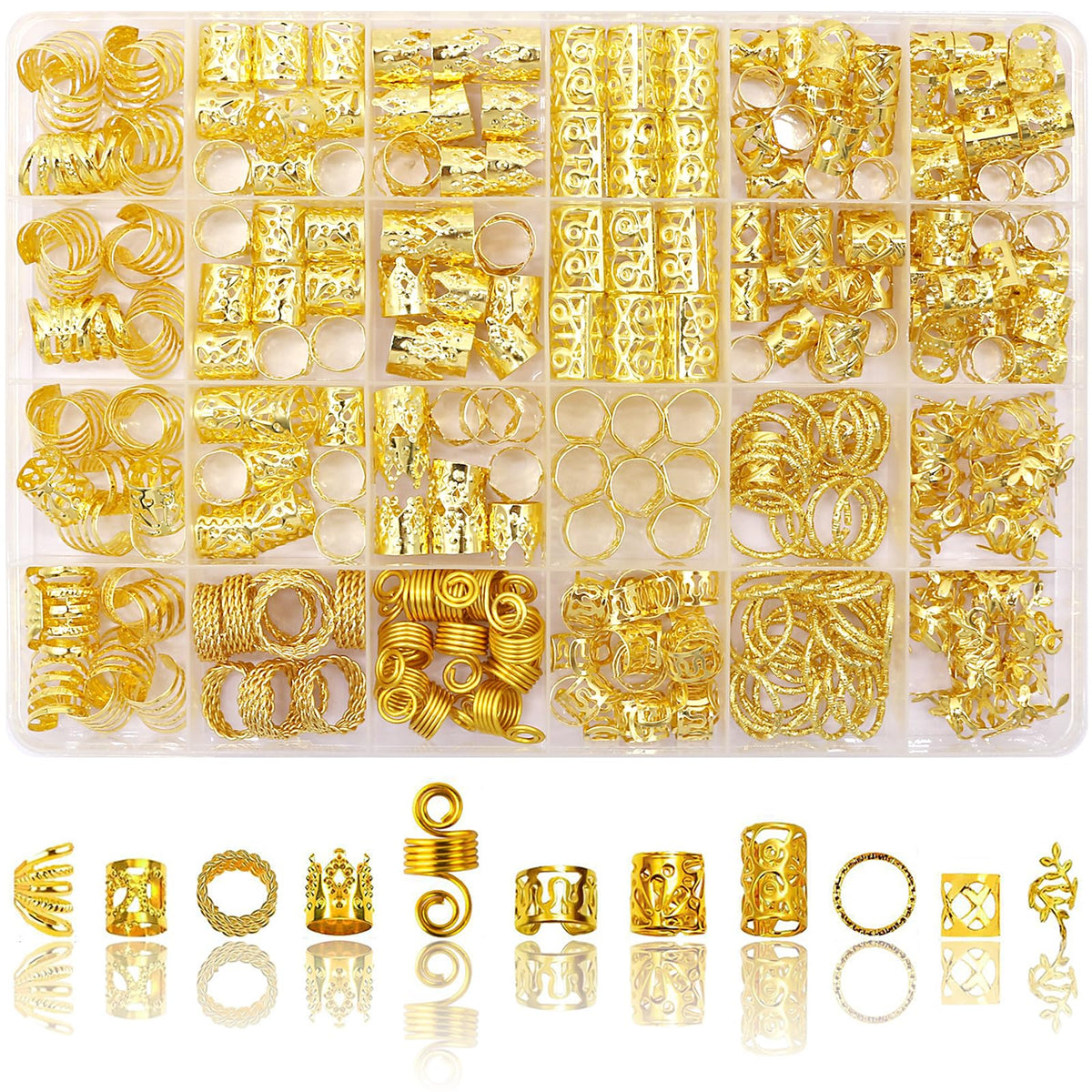 SVNMU front packaging showing full 280-piece gold hair jewelry kit and organized box benefit