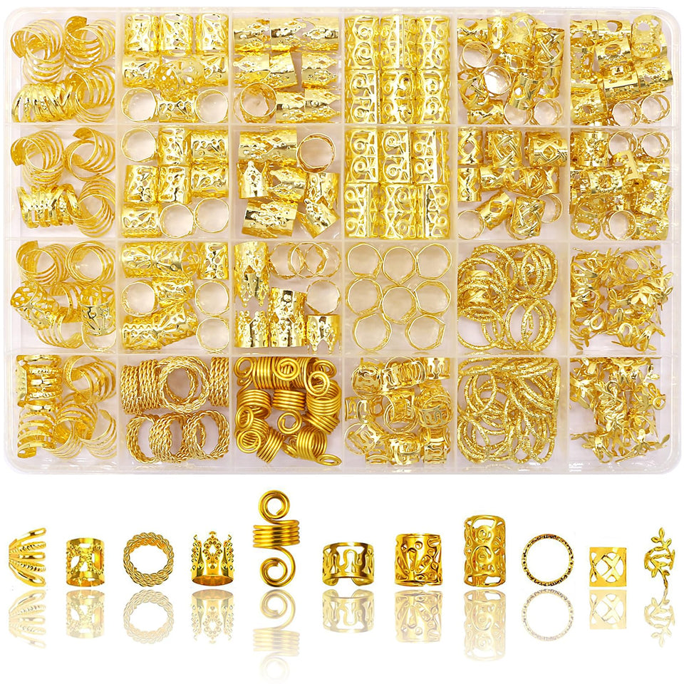 SVNMU front packaging showing full 280-piece gold hair jewelry kit and organized box benefit