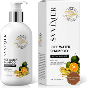 Svvimer front packaging showing rice water shampoo for fuller hair