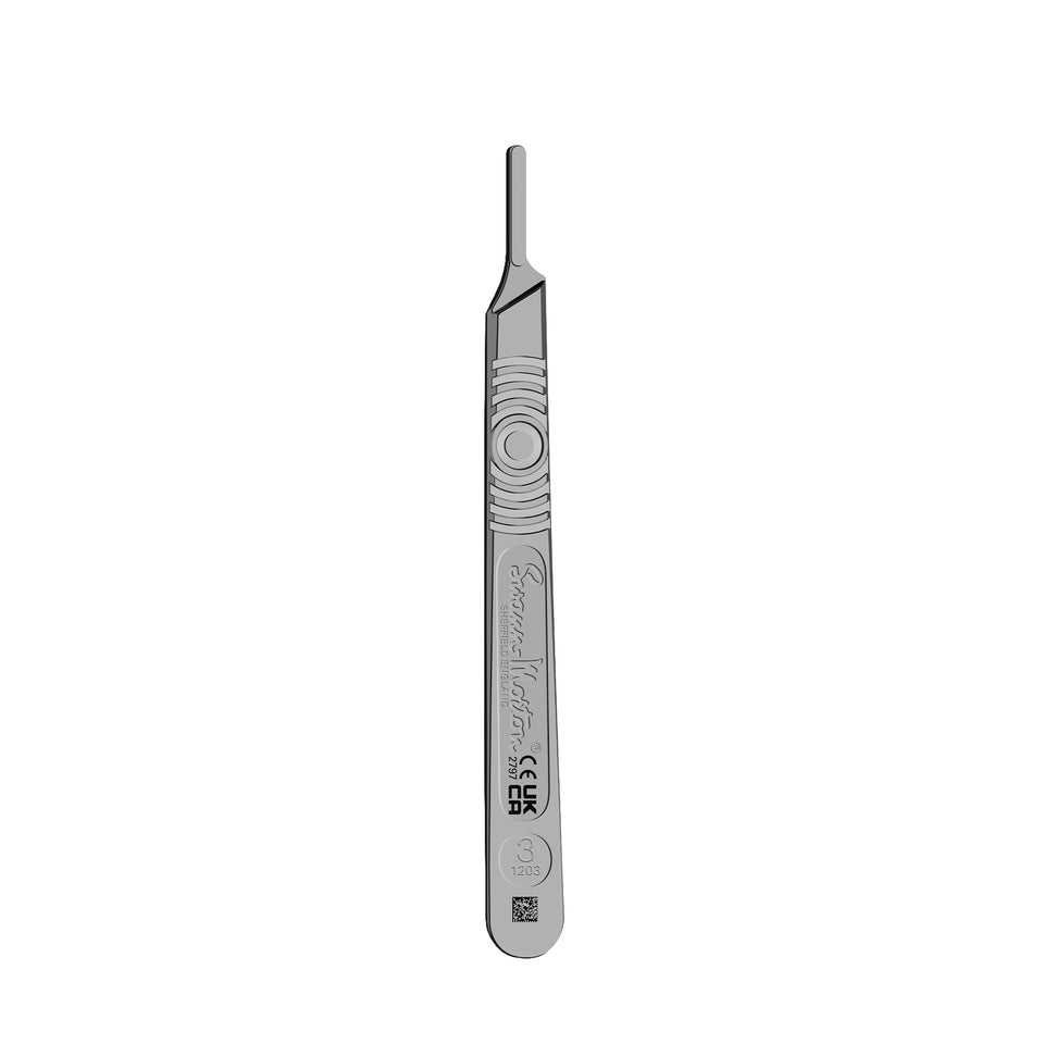 Swann-Morton handle front view showing ergonomic grip and precision control benefit