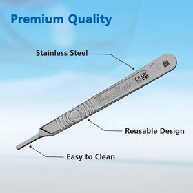 Swann-Morton handle next to ruler showing scale and comfortable length for control