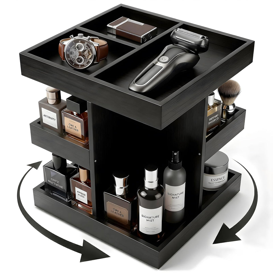 SwartLife front view of rotating cologne organizer showing tidy display benefit