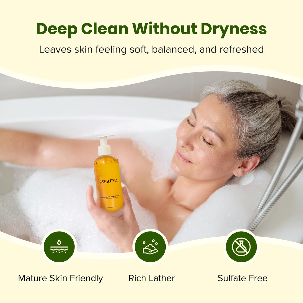 Swarva rich lather in hand demonstrating deep cleansing without dryness