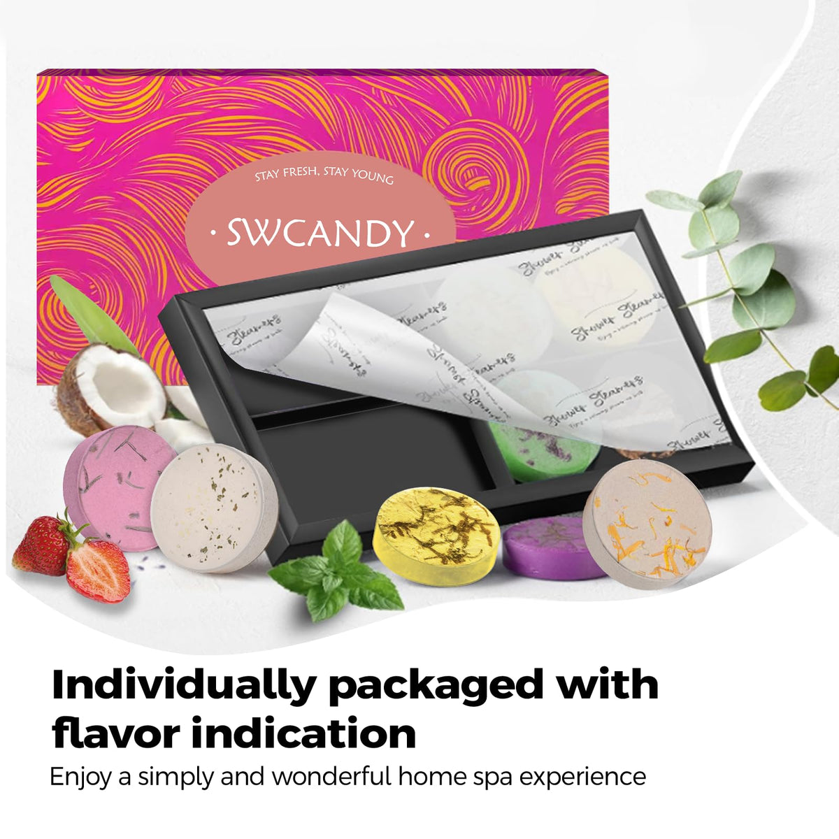 SWCANDY varied scented tablets displayed emphasizing fragrance variety