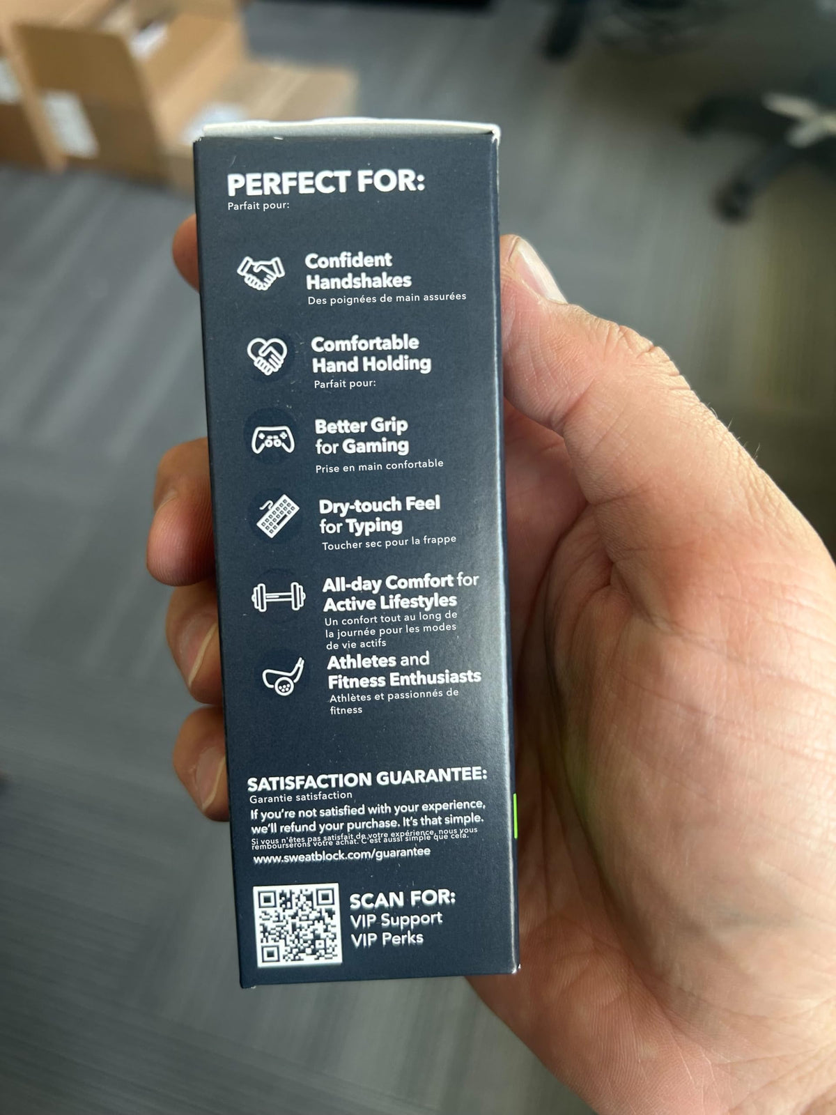 SweatBlock travel-size bottle in a bag emphasizing portability and on‑the‑go use