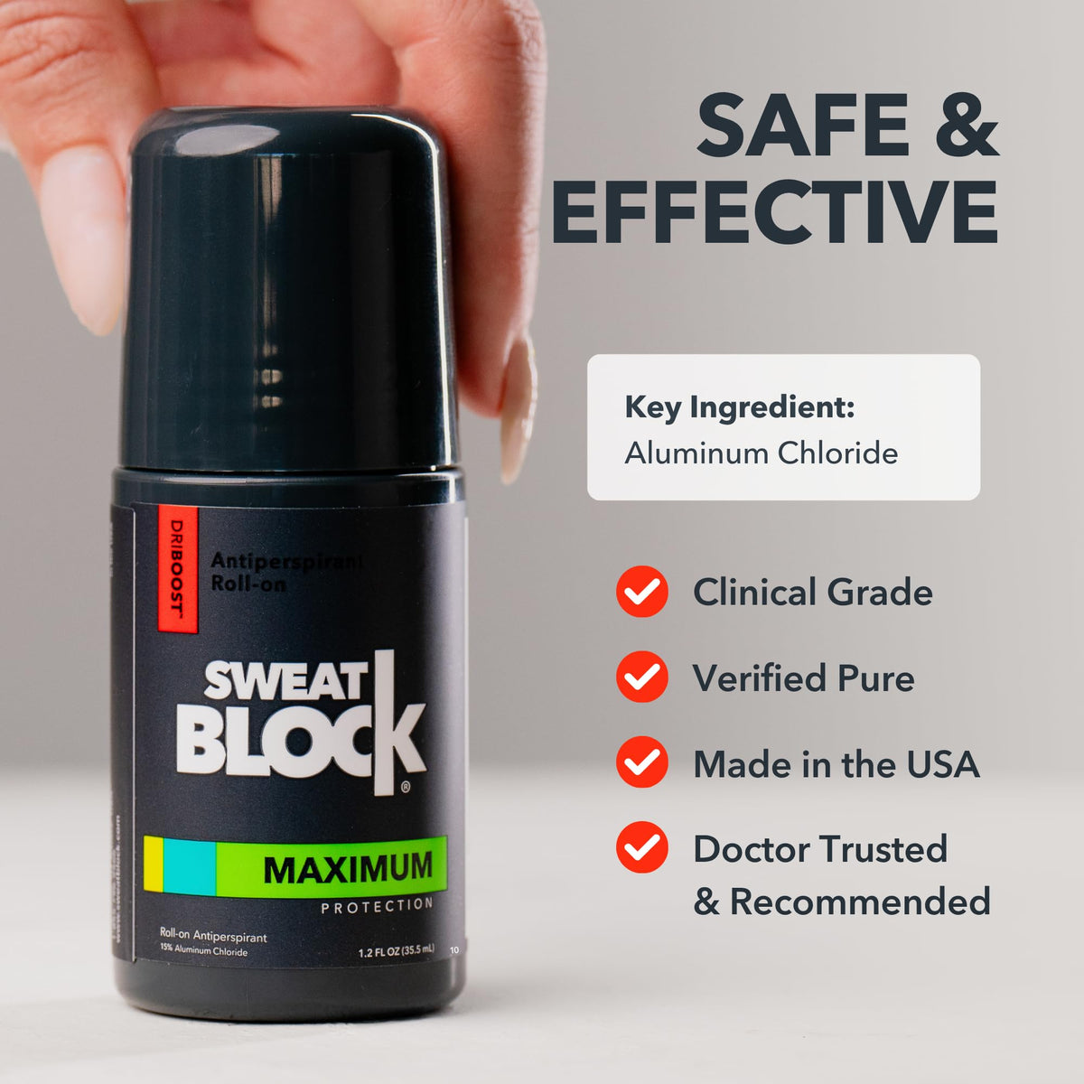 SweatBlock bottle on bathroom counter reflecting daily grooming routine confidence