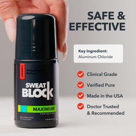 SweatBlock bottle on bathroom counter reflecting daily grooming routine confidence