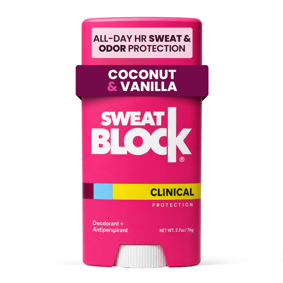 SweatBlock front packaging showing coconut vanilla scent and benefits