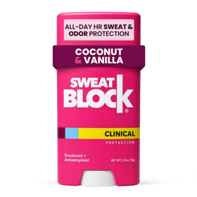 SweatBlock front packaging showing coconut vanilla scent and benefits