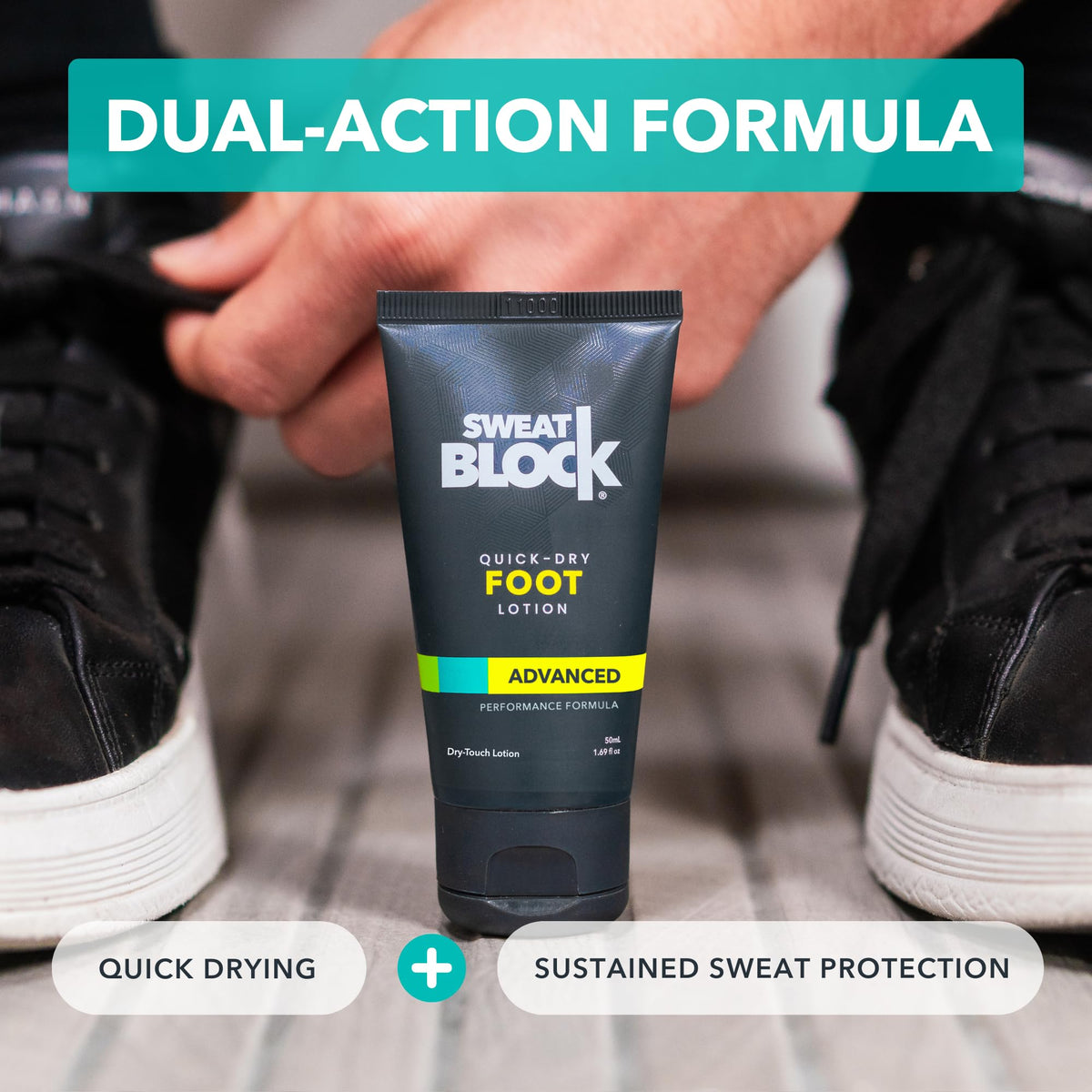 SweatBlock-treated feet inside sneakers reducing sweat and odor buildup