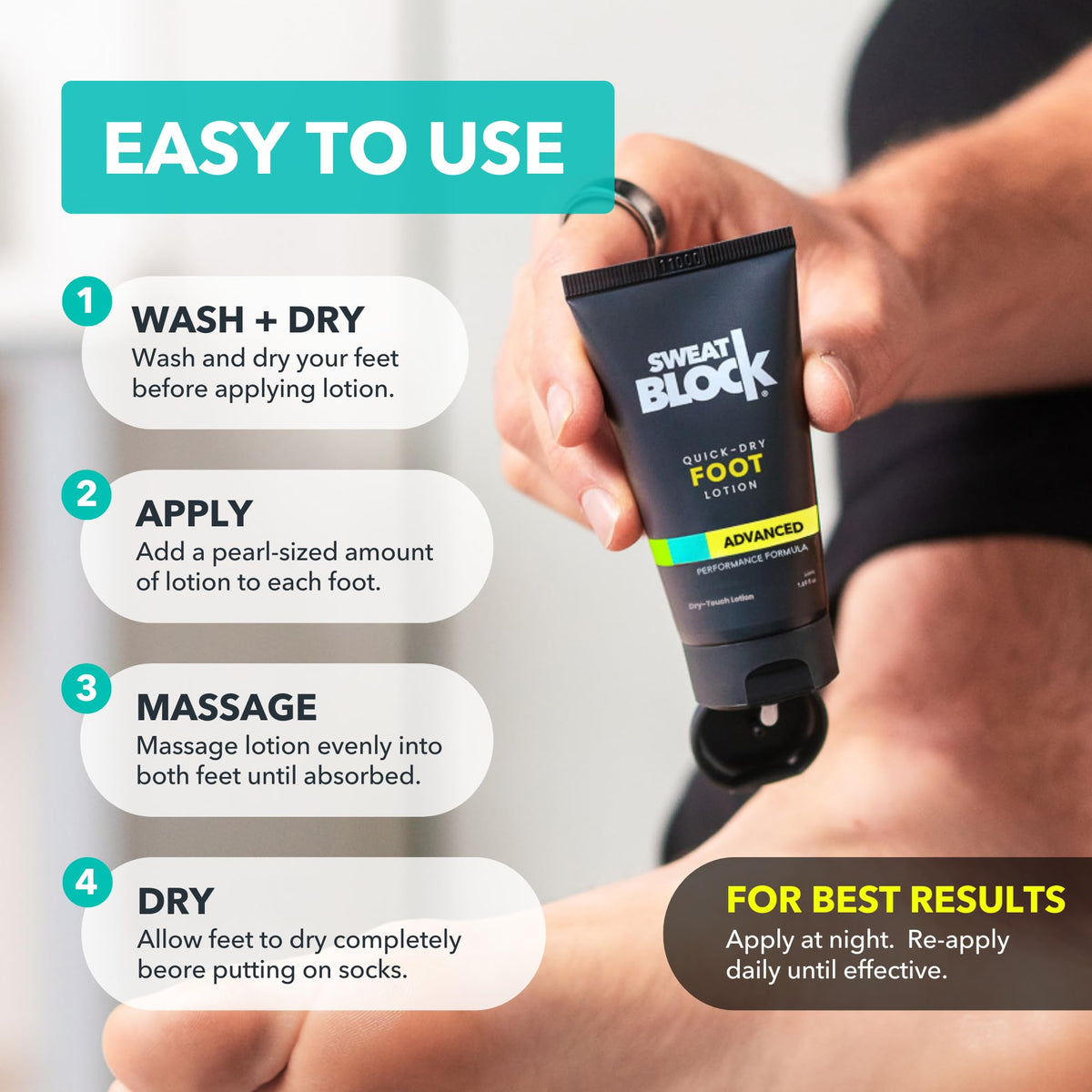 SweatBlock bottle next to hand to show compact 1.69 fl oz size