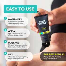 SweatBlock bottle next to hand to show compact 1.69 fl oz size
