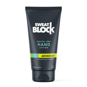 SweatBlock front bottle view showing compact travel packaging and clear branding