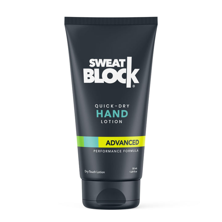 SweatBlock front bottle view showing compact travel packaging and clear branding
