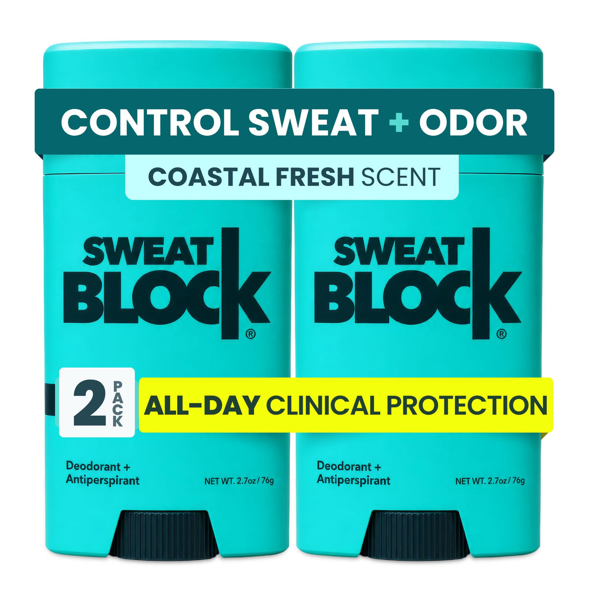 SweatBlock front packaging showing coastal fresh scent and compact 2-pack benefit