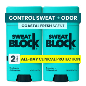 SweatBlock front packaging showing coastal fresh scent and compact 2-pack benefit