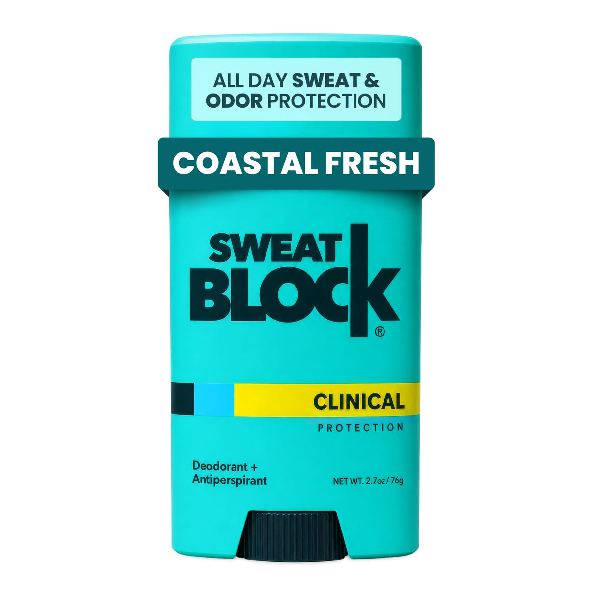 SweatBlock front packaging showing coastal fresh scent and product benefits