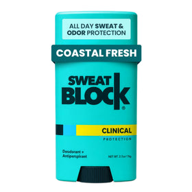 SweatBlock front packaging showing coastal fresh scent and product benefits