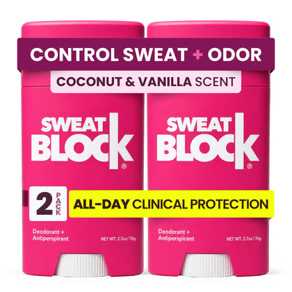 SweatBlock front packaging showing coconut and vanilla scent for confident freshness
