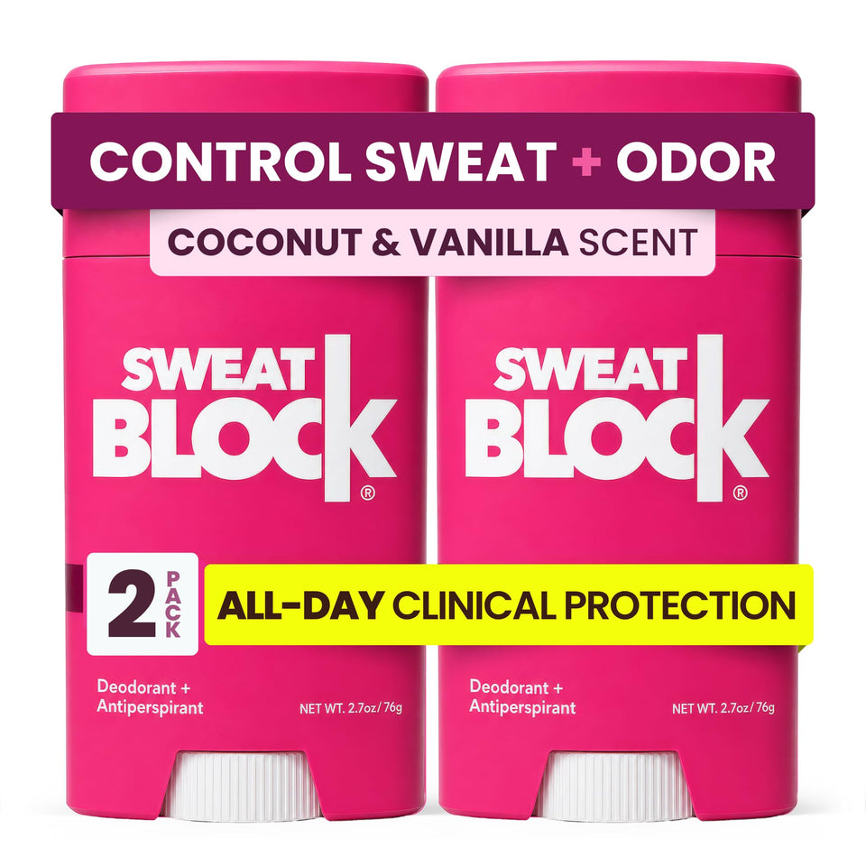 SweatBlock front packaging showing coconut and vanilla scent for confident freshness