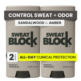 SweatBlock front packaging showing sandalwood amber scent and clinical strength benefit