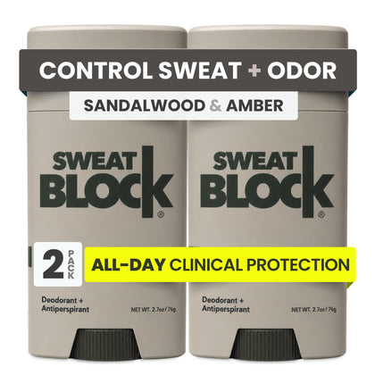SweatBlock front packaging showing sandalwood amber scent and clinical strength benefit