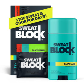SweatBlock front packaging showing the full two-step system and benefits